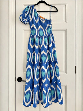 Oliphant Blue Ikat One Shoulder Puff Sleeve Maxi Dress XXS
